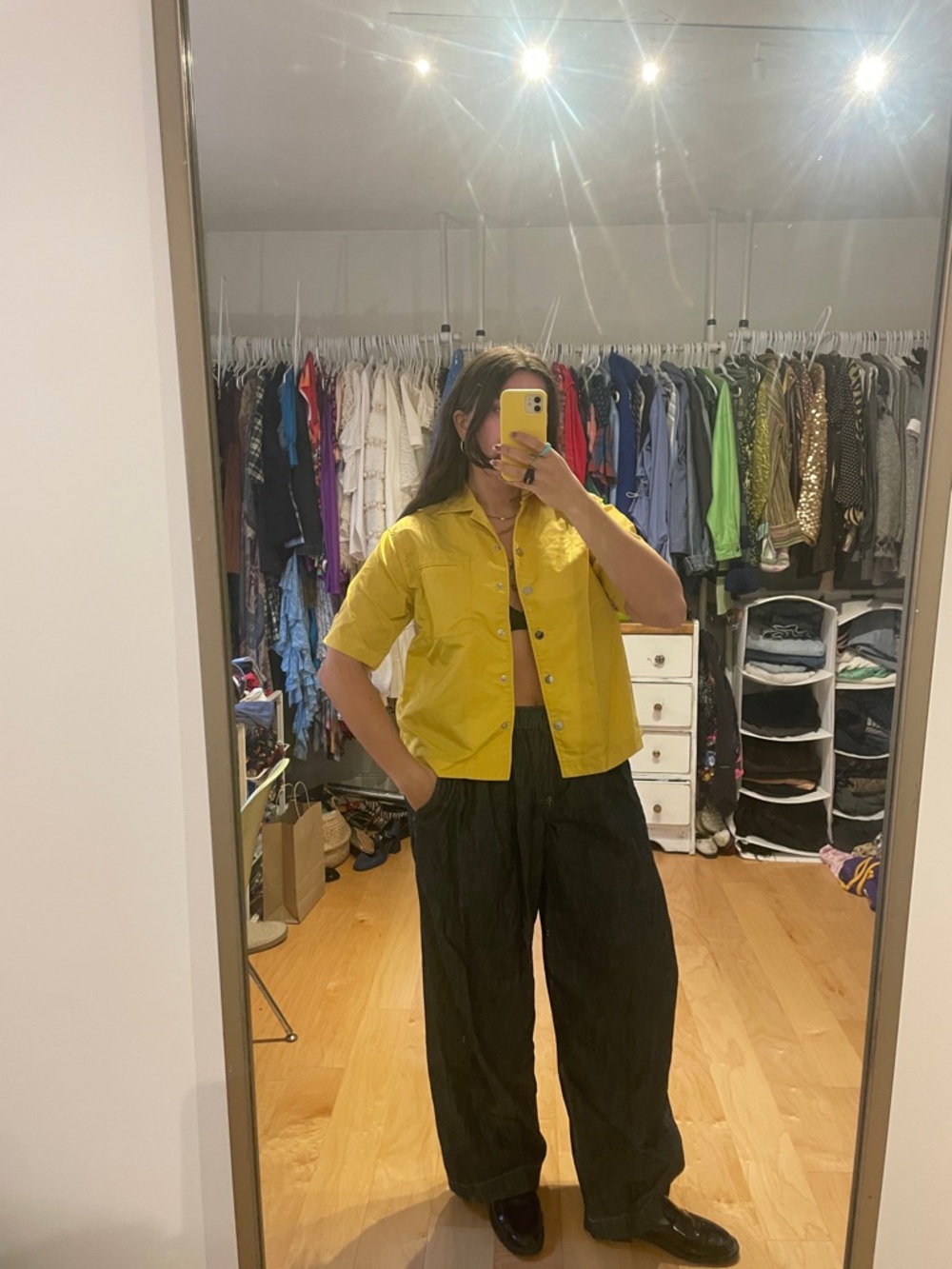 Remain Birger ChristensenYellow Nylon Short-Sleeve Storm Snap Front Shirt